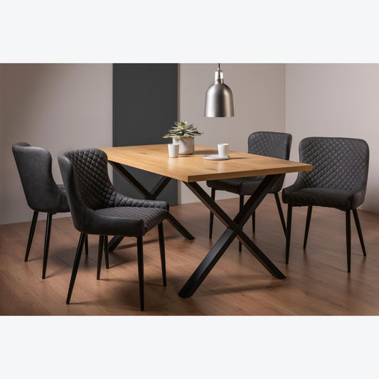 6 Seater 160cm Rectangle Oak Effect Dining Table Set with 4 Dark Grey Faux Leather Armchairs Featuring Diamond Quilted Stitching.