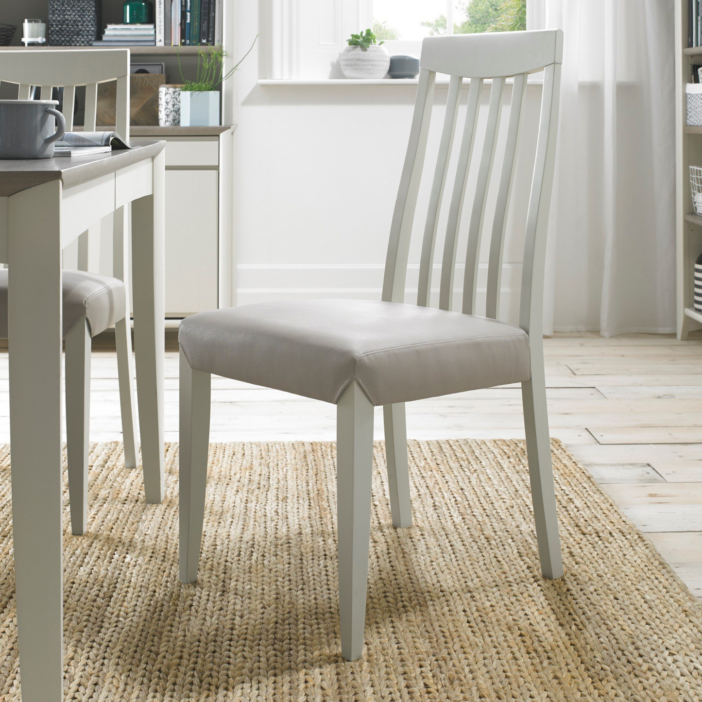 Pair of Grey Washed Slat Back Dining Chairs with Olive Grey Leather Seat