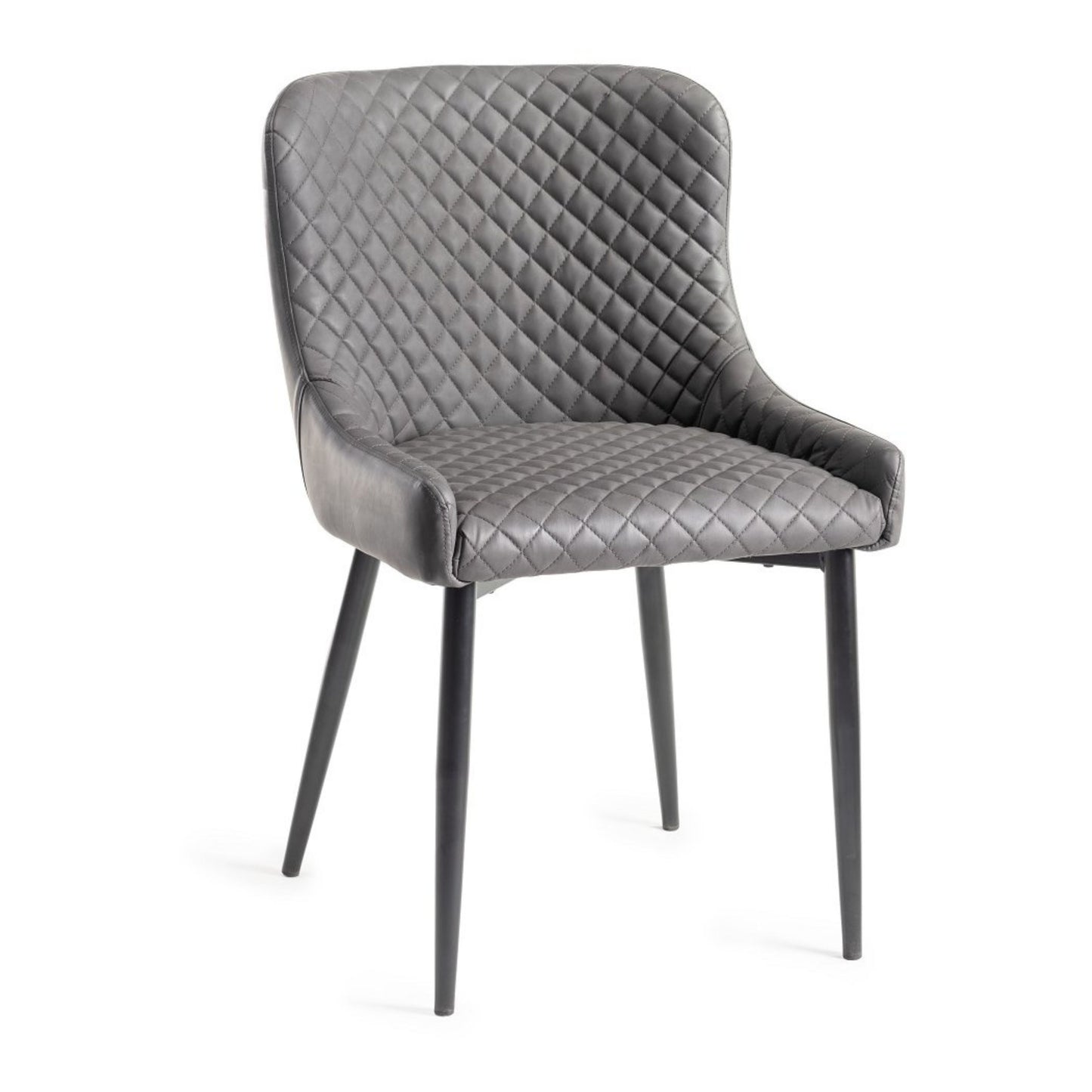 Pair of Faux Leather Dining Armchairs in Dark Grey with Diamond Quilted Stitching and Black Metal Legs