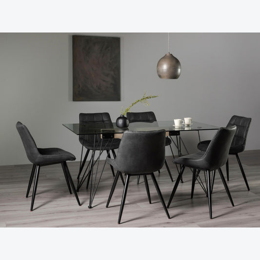 6 Seater Rectangle 160cm Tempered Glass Dining Table Set with 6 Grey Faux Suede Chairs Featuring Black Metal Legs and Square Stitched Upholstery