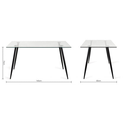 6 Seater 140cm Rectangle Tempered Glass Dining Table with Round Tapering Metal Legs