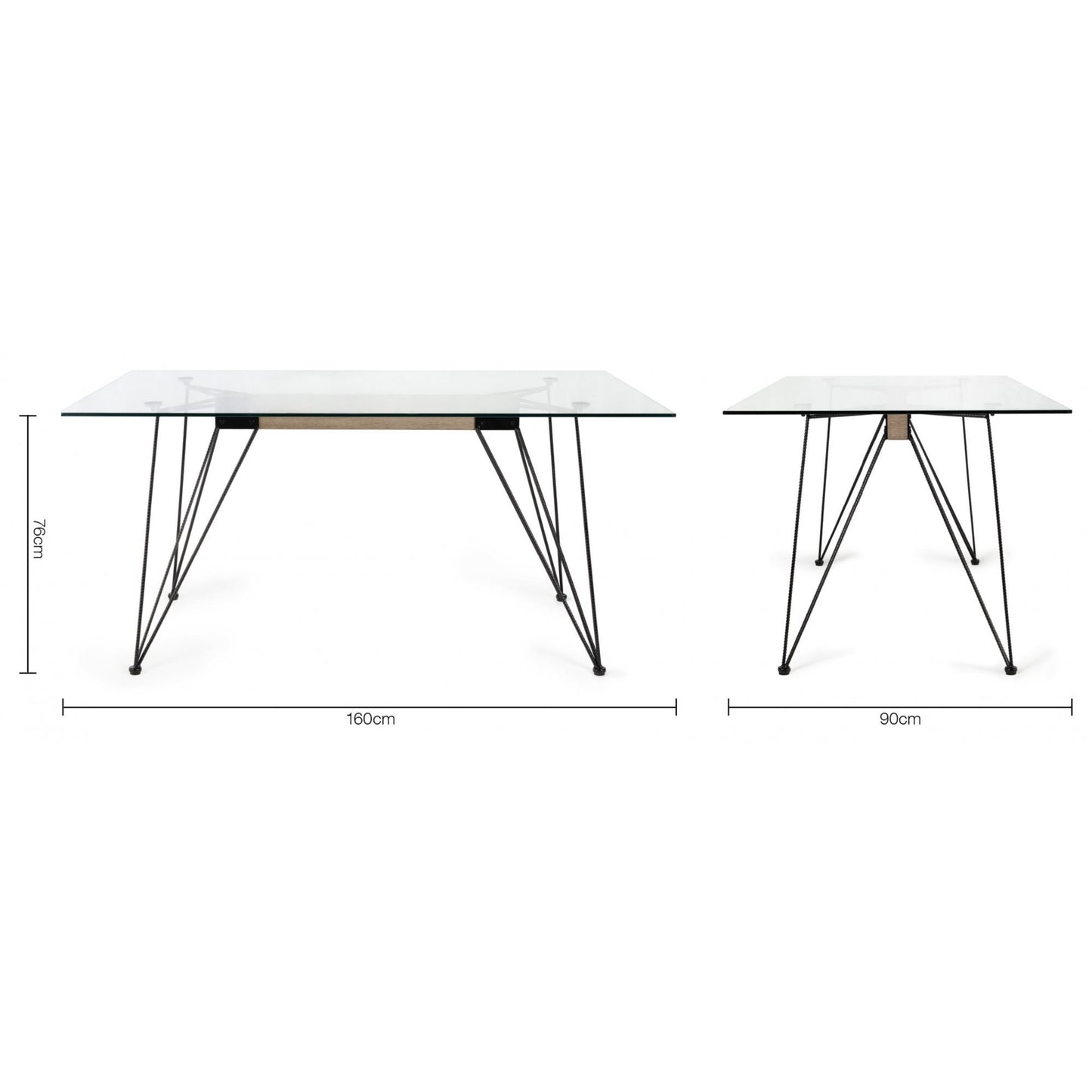 6 Seater Rectangle 160cm Tempered Glass Dining Table Featuring Black Twisted Steel Rod Legs