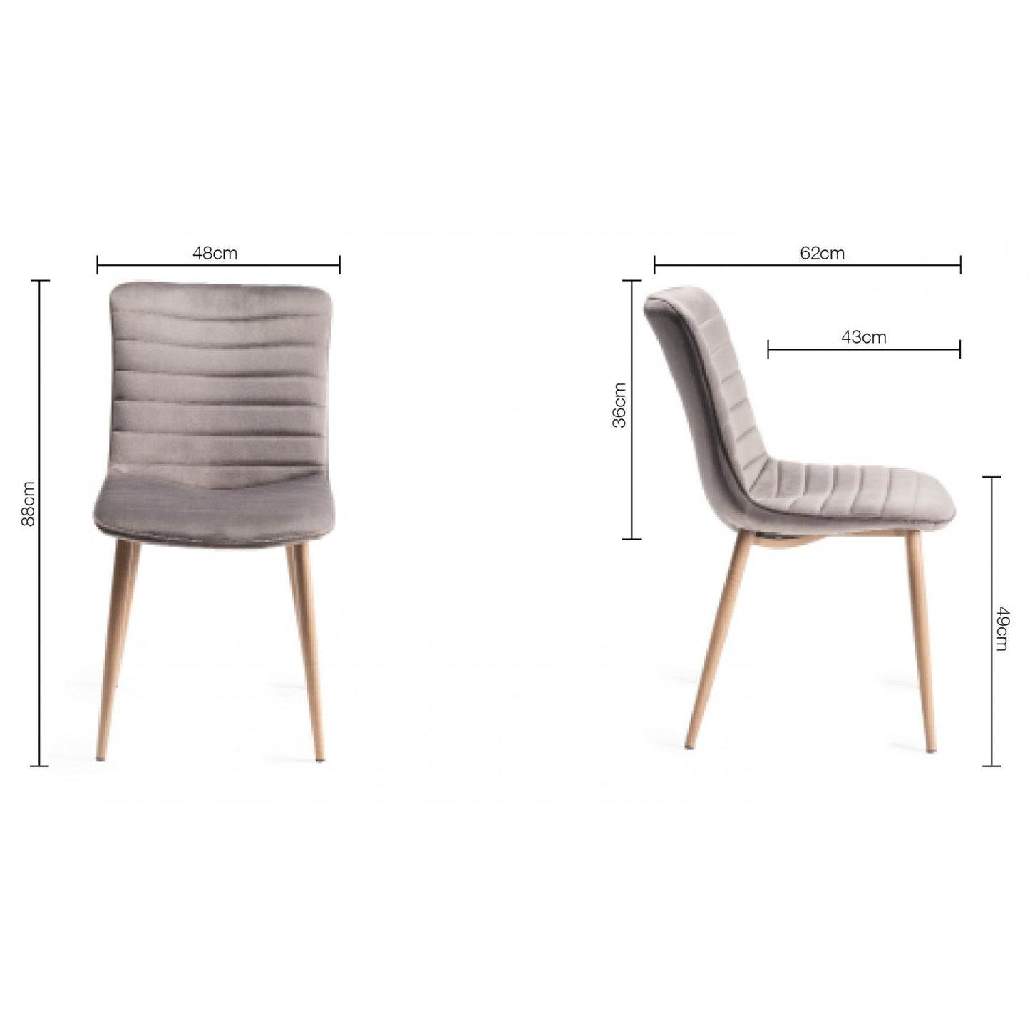 Pair of Velvet Dining Chairs with Horizontal Stitching and Oak Effect Wooden Legs in a Choice of Three Colours