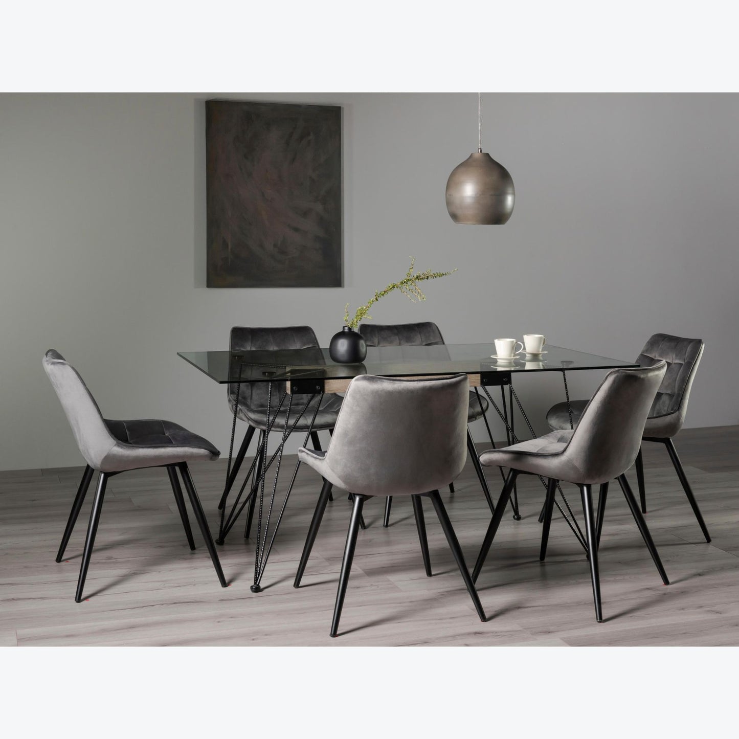 6 Seater Rectangle 160cm Tempered Glass Dining Table Set with 6 Light Grey Velvet Chairs Featuring Black Metal Legs and Square Stitched Upholstery