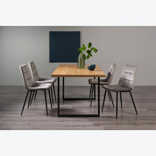 4 Seater 160cm Dining Table Featuring Rustic Oak Effect Top with U-Shaped Legs and 4 Light Grey Velvet Dining Chairs