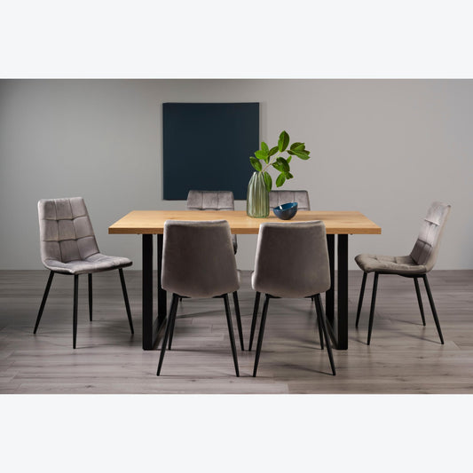 6 Seater 160cm Dining Table Featuring Rustic Oak Effect Top with U-Shaped Legs and 6 Light Grey Velvet Dining Chairs