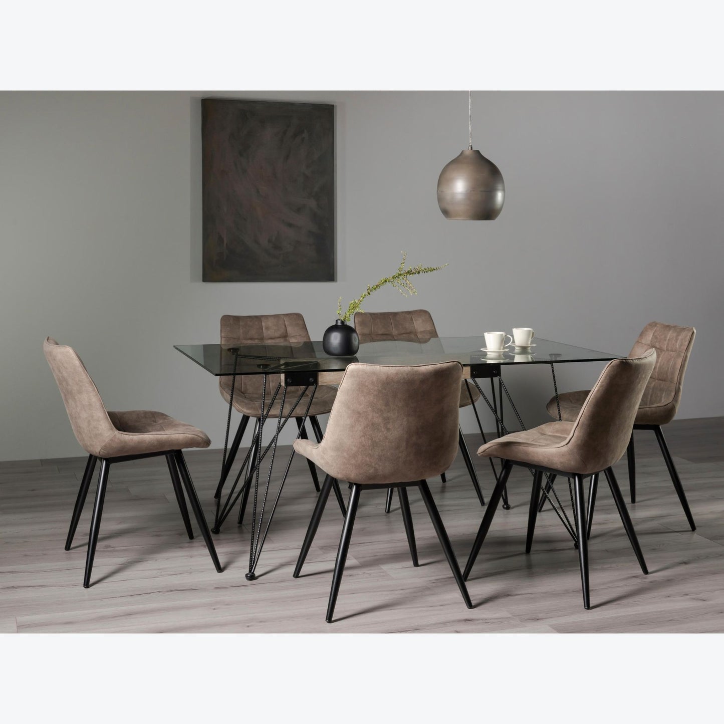 6 Seater Rectangle 160cm Tempered Glass Dining Table Set with 6 Tan Faux Suede Chairs Featuring Black Metal Legs and Square Stitched Upholstery