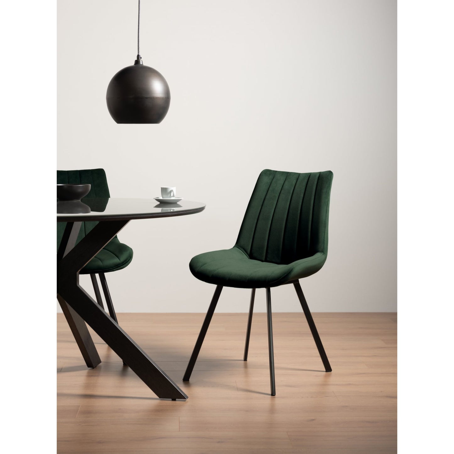 Pair of Velvet Dining Chairs with Vertical Stitching and Sand Black Metal Frame in a Choice of Three Colours