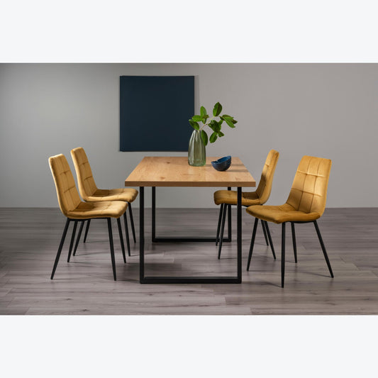 4 Seater 160cm Dining Table Featuring Rustic Oak Effect Top with U-Shaped Legs and 4 Mustard Velvet Dining Chairs