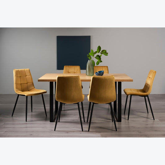 6 Seater 160cm Dining Table Featuring Rustic Oak Effect Top with U-Shaped Legs and 6 Mustard Velvet Dining Chairs