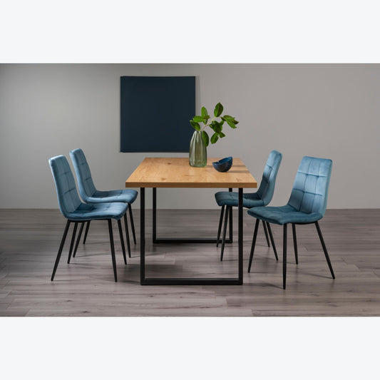 4 Seater 160cm Dining Table Featuring Rustic Oak Effect Top with U-Shaped Legs and 4 Blue Velvet Dining Chairs