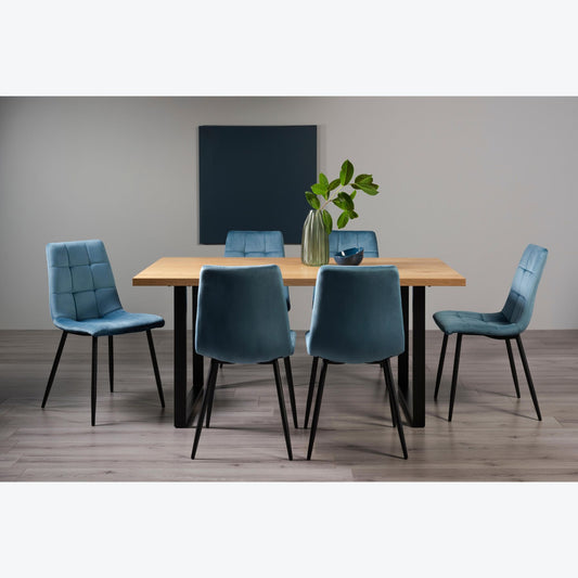 6 Seater 160cm Dining Table Featuring Rustic Oak Effect Top with U-Shaped Legs and 6 Blue Velvet Dining Chairs