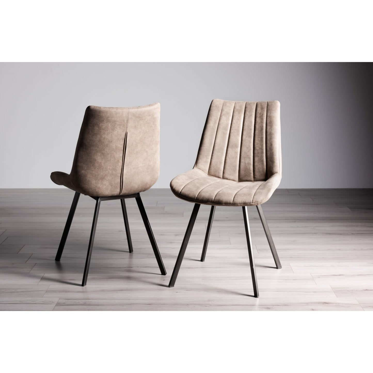 Pair of Faux Suede Dining Chairs with Vertical Stitching and Sand Black Metal Frame in a Choice of Two Colours