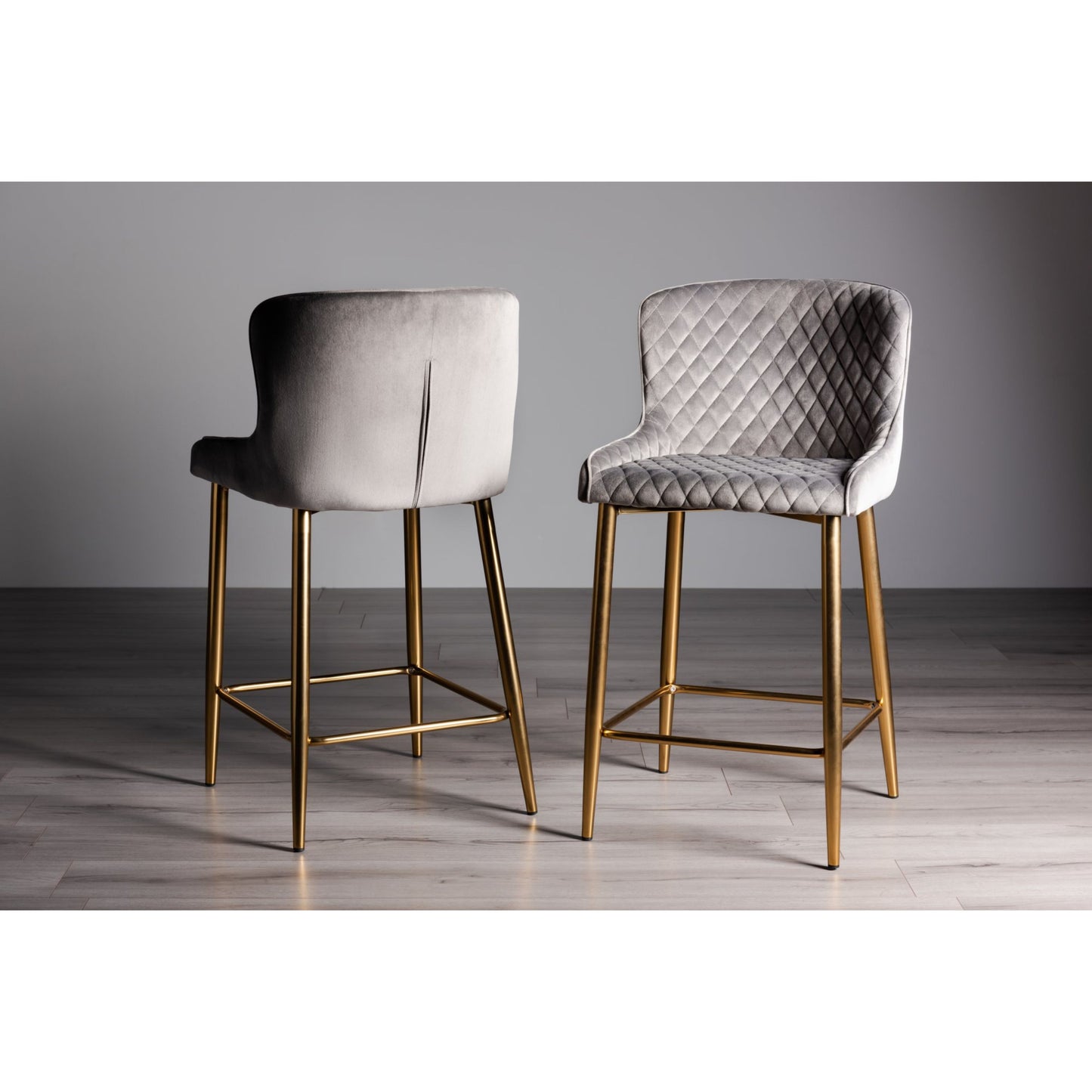 Pair of Velvet Stools with Diamond Stitched Upholstery and Sand Black Metal Legs in a Choice of Two Colours