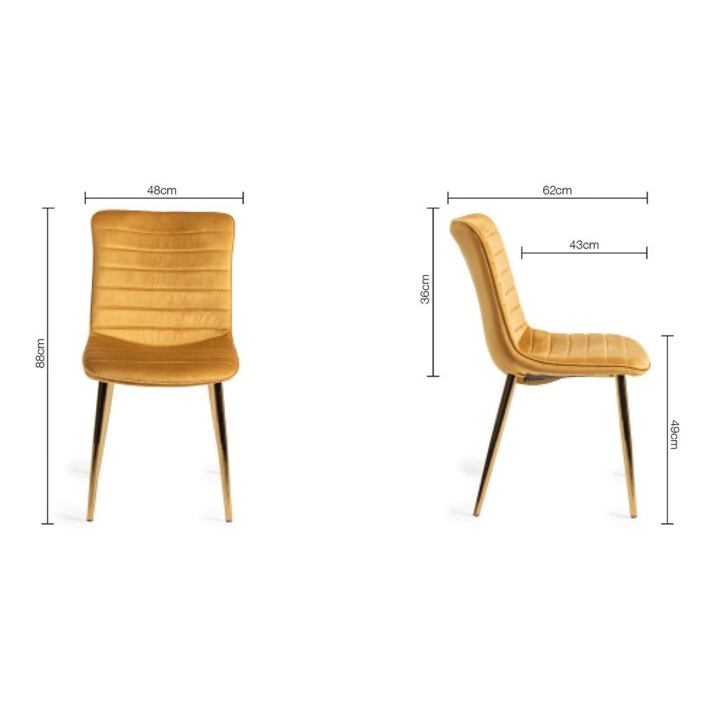 Pair of Velvet Dining Chairs with Horizontal Stitching and Matt Gold Frame in a Choice of Two Colours