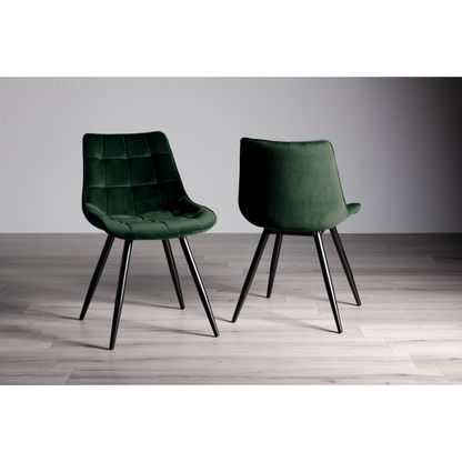 Pair of Velvet Dining Chairs with Square Stitched Upholstery, Shaped Seating, and Sand Black Metal Legs, Available in a Choice of Three Colors.