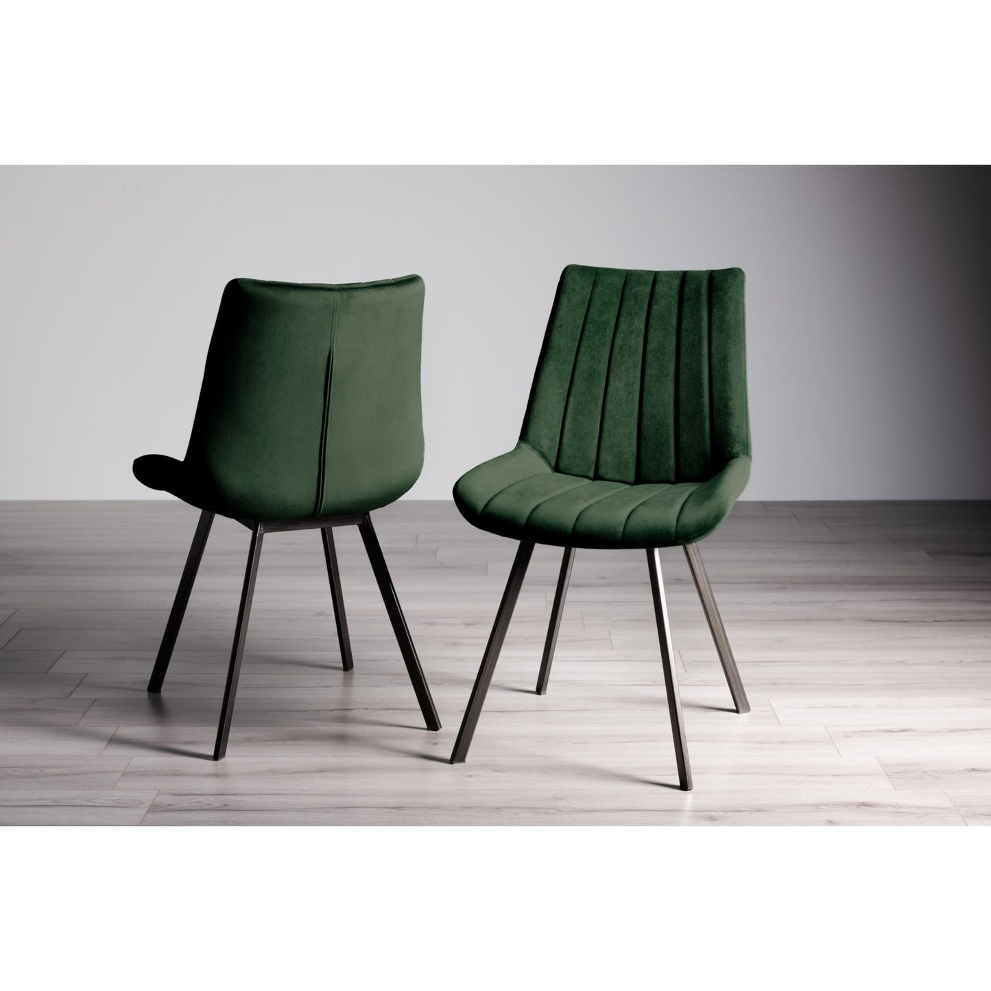 Pair of Velvet Dining Chairs with Vertical Stitching and Sand Black Metal Frame in a Choice of Three Colours