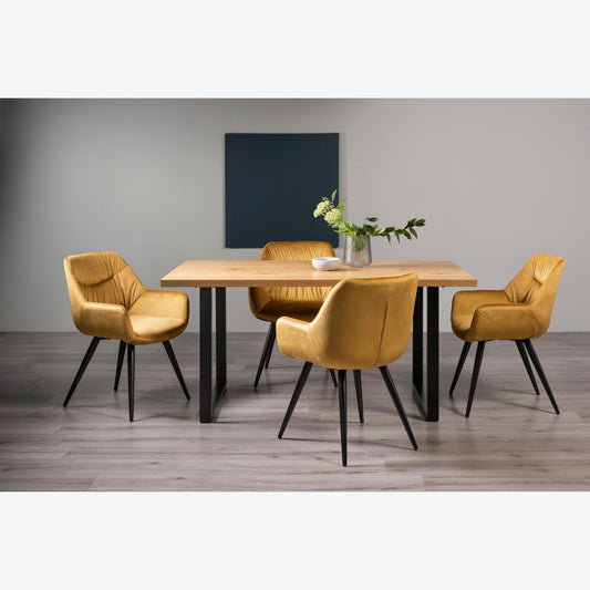 4 Seater 160cm Dining Table Featuring Rustic Oak Effect Top with U-Shaped Legs and 4 Mustard Lux Armchairs