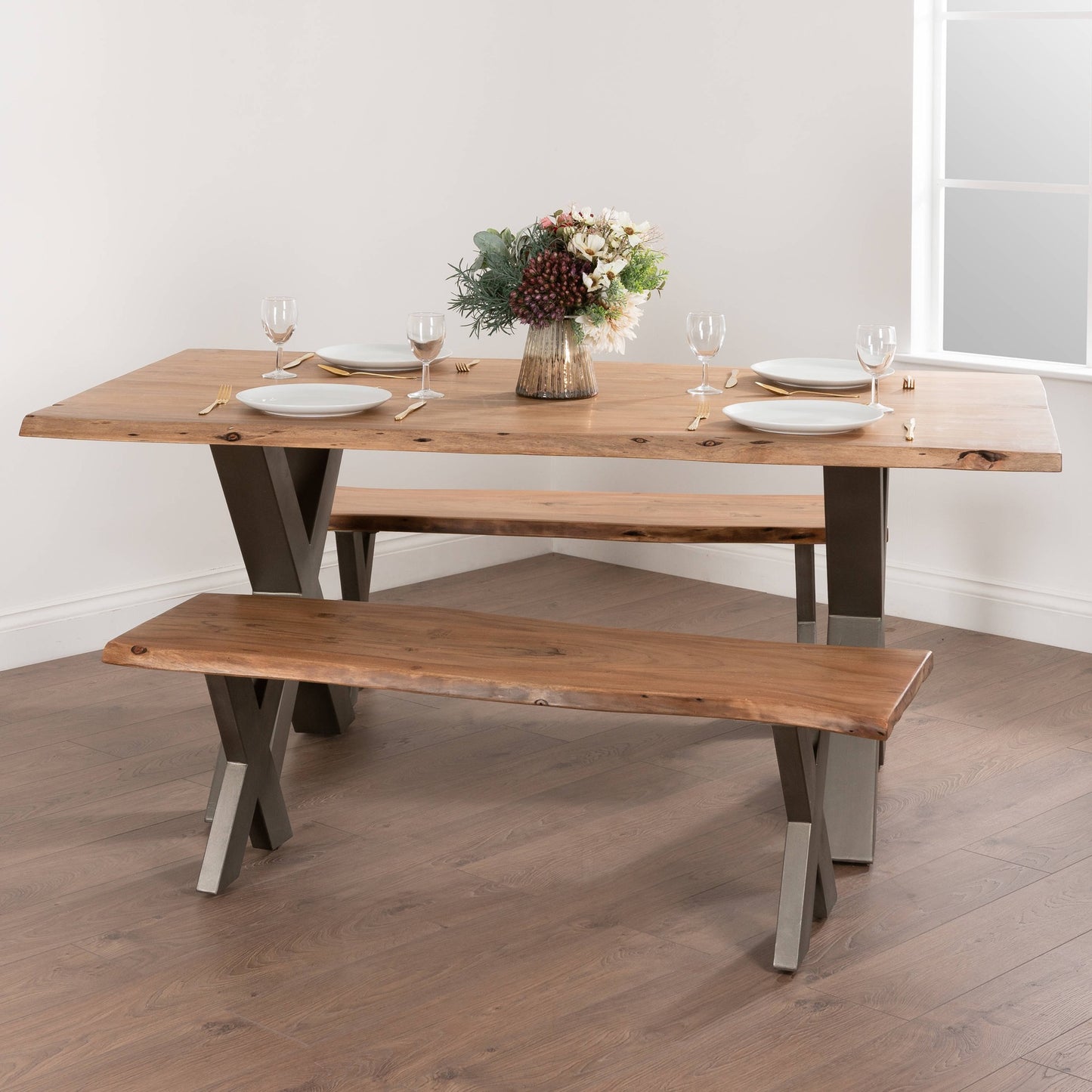 1.8 Meter LIve Edge Dining Table with Grey Cross Legs Seats 4 - 6