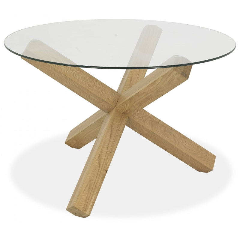 4 Seater 120cm Round Light Oak Dining Table with Tempered Glass Top & Cross Legs