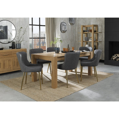 6-8 Seater 165-225cm Extending Light Oak Dining Table with 6 Dark Grey Faux Leather Chairs Featuring Gold Legs & Diamond Quilted Stitching