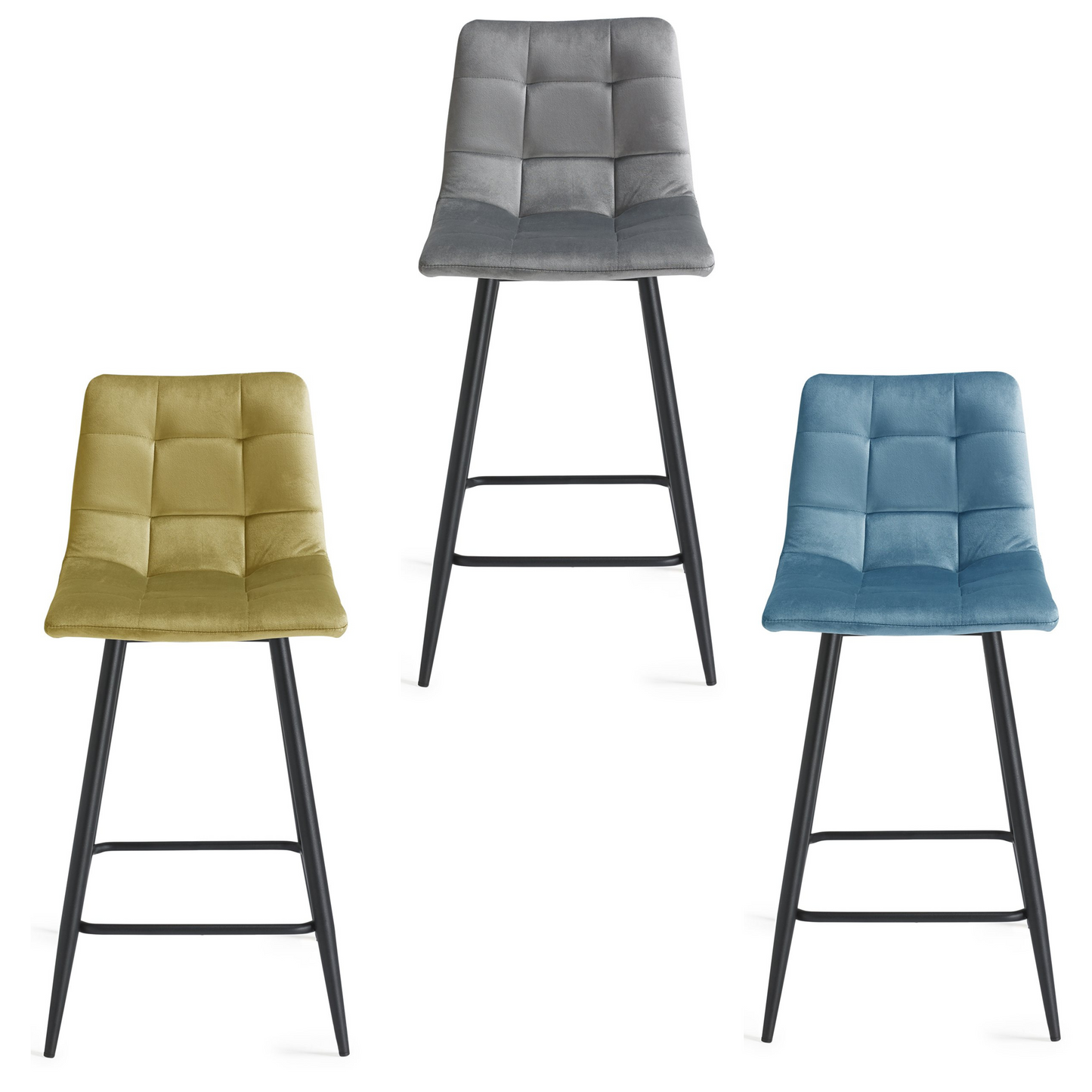 Pair of Velvet Stools with Square Stitched Upholstery and Sand Black Metal Legs in a Choice of Three Colours