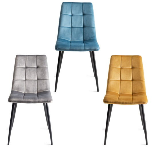 Pair of Velvet Dining Chairs with Square Stitched Upholstery and Sand Black Metal Legs in a Choice of Three Colours