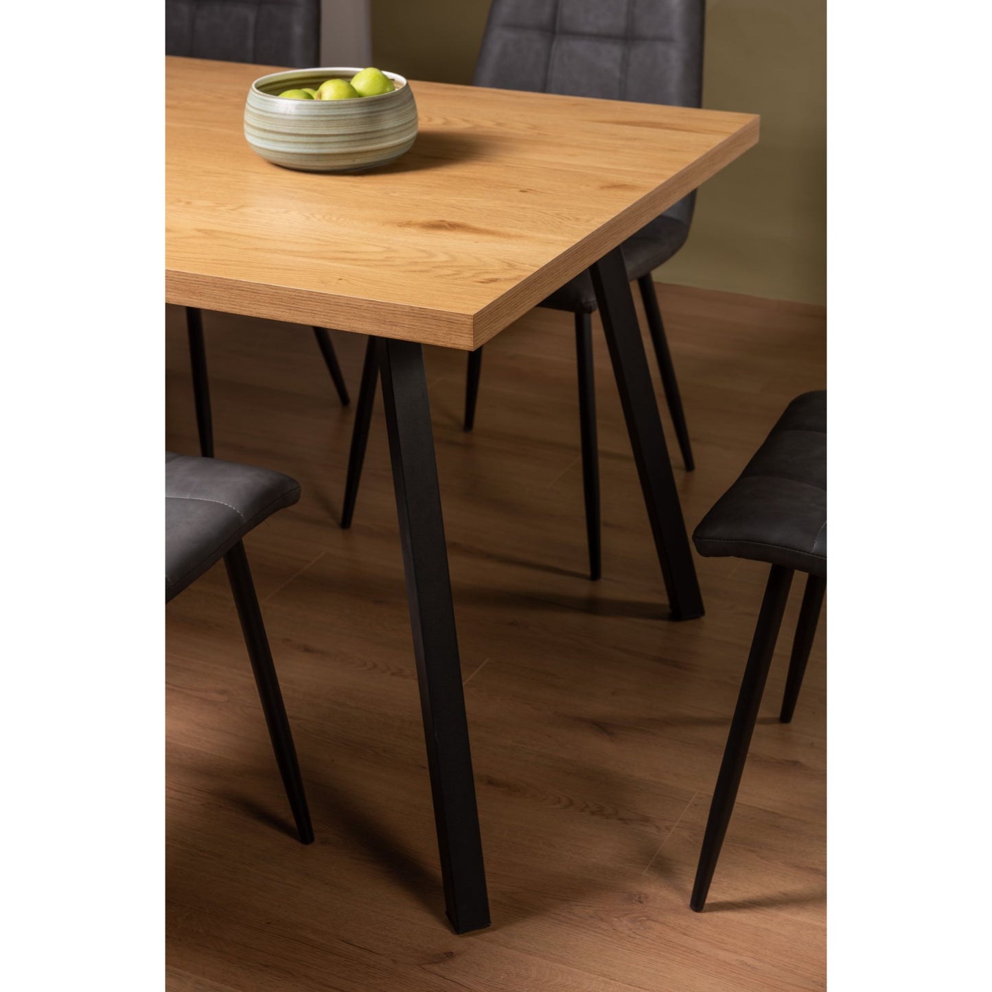 6 Seater 160cm Dining Table Featuring a Rustic Oak Effect Top and Four Square Black Metal Legs