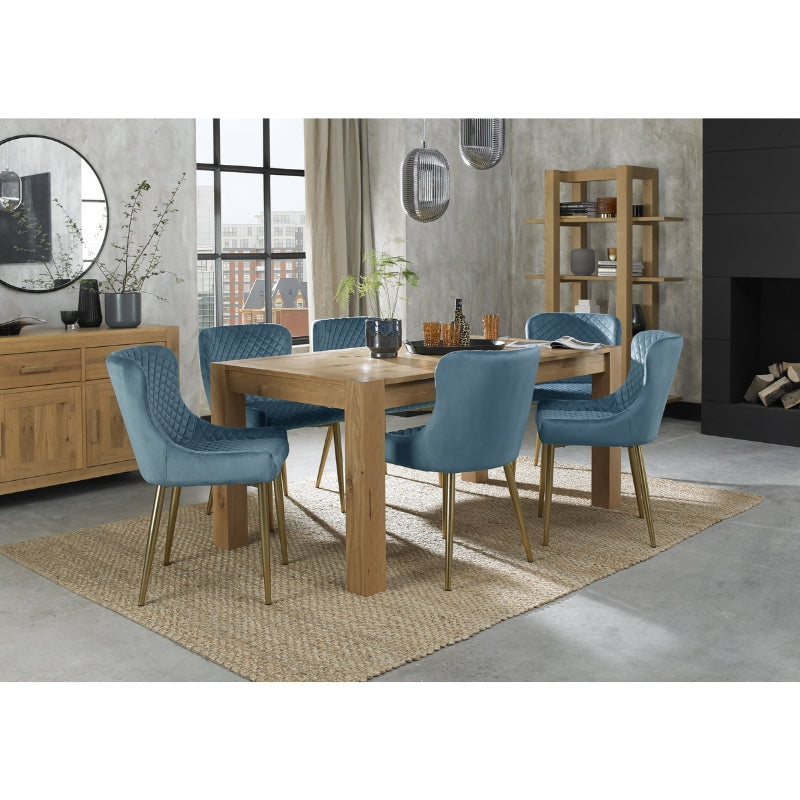 6-8 Seater 165-225cm Extending Light Oak Dining Table with 6 Blue Velvet Chairs Featuring Gold Legs & Diamond Quilted Stitching