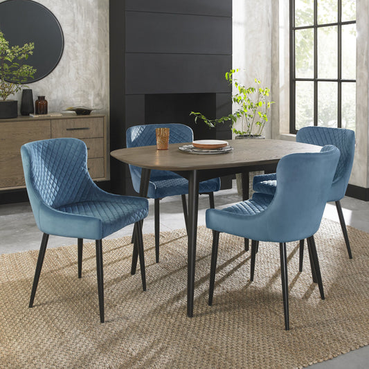 4 Seater 129cm Weathered Oak Table Set with 4 Blue Velvet Armchairs Featuring Black Legs and Diamond Quilted Stitching