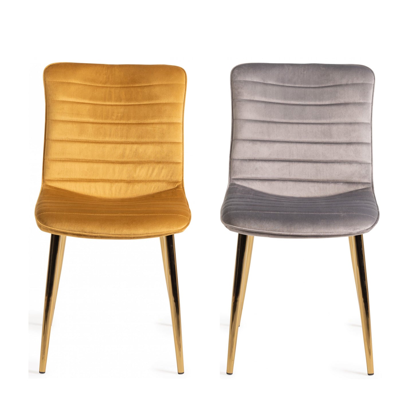 Pair of Velvet Dining Chairs with Horizontal Stitching and Matt Gold Frame in a Choice of Two Colours