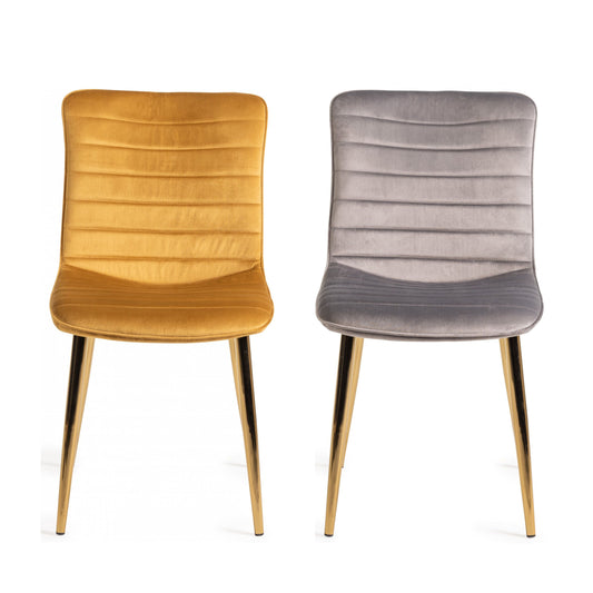 Pair of Velvet Dining Chairs with Horizontal Stitching and Matt Gold Frame in a Choice of Two Colours