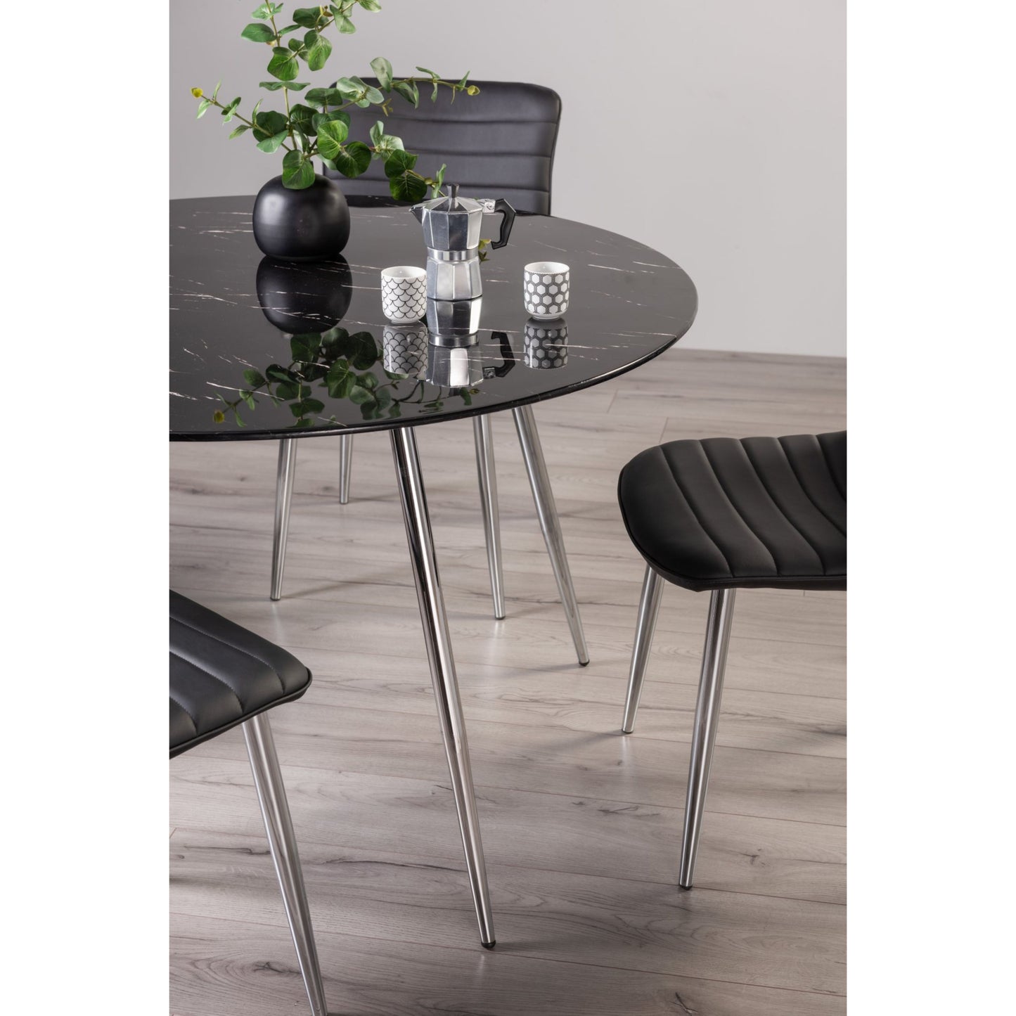 4 Seater Round 120cm Black Marble Effect Table with Tempered Glass and Nickel-Plated Round Metal Legs