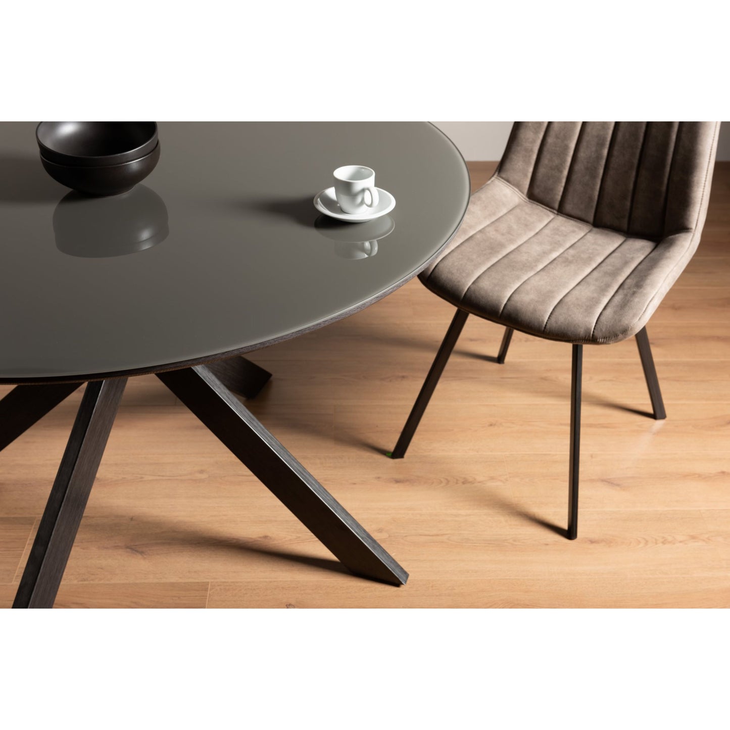 4 Seater 120cm Round Grey Table Featuring a Grey Oak Effect Frame and a Grey Tempered Glass Top