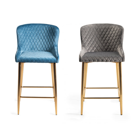 Pair of Velvet Stools with Diamond Stitched Upholstery and Sand Black Metal Legs in a Choice of Two Colours