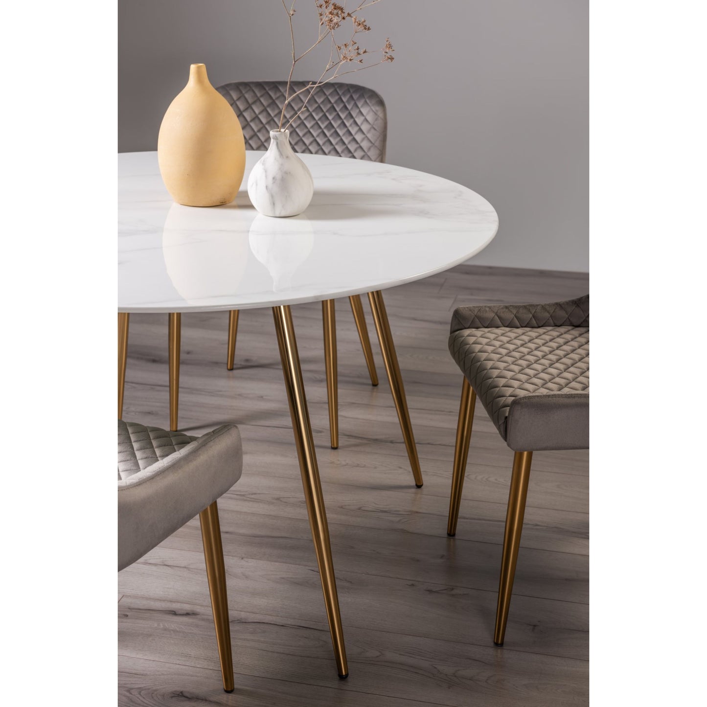 4 Seater Round 120cm White Marble Effect Dining Table with Tempered Glass and Gold Metal Legs