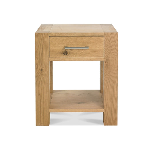 Chunky Light Oak Square Side Table with Soft Close Draw & Storage Shelf