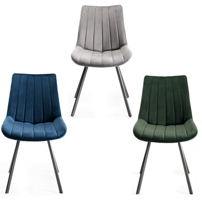 Pair of Velvet Dining Chairs with Vertical Stitching and Sand Black Metal Frame in a Choice of Three Colours