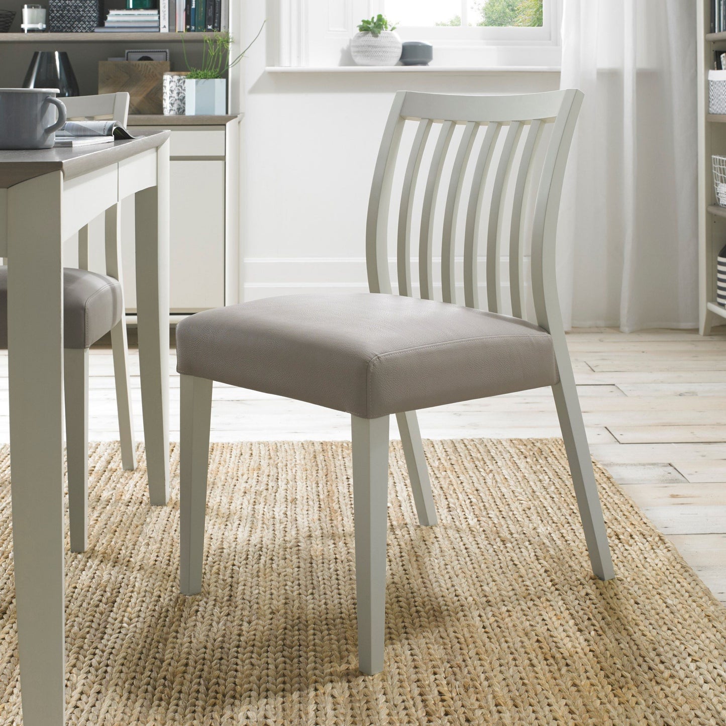 Pair of Grey Washed Low Slat Back Dining Chairs with Grey Bonded Leather Seat