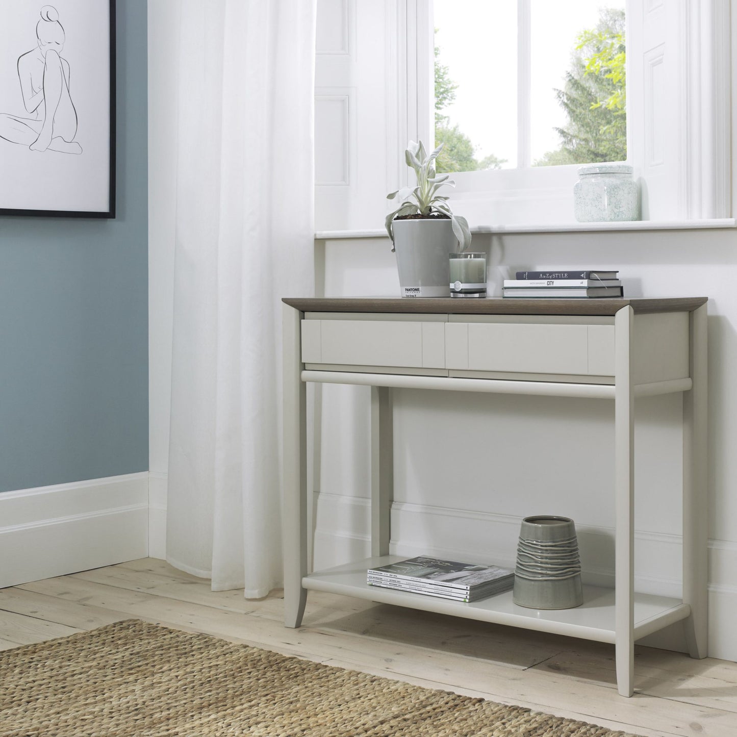 92cm Grey Washed Oak Veneer Console Table with Solid Beech Legs