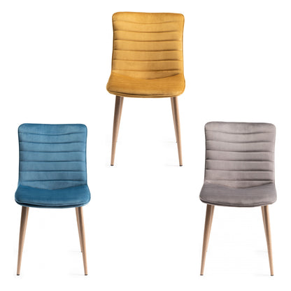 Pair of Velvet Dining Chairs with Horizontal Stitching and Oak Effect Wooden Legs in a Choice of Three Colours