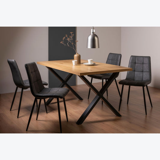 4 Seater 160cm Rectangle Oak Effect Dining Table with 4 Dark Grey Faux Leather Chairs