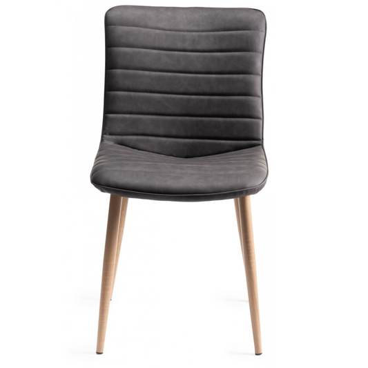 Pair of Faux Leather Dining Chairs in Dark Grey with Horizontal Stitching and Oak Effect Wooden Legs