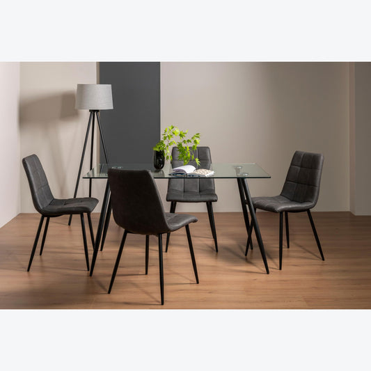 4 Seater Rectangle 140cm Tempered Glass Dining Table Set with 4 Dark Grey Faux Leather Chairs