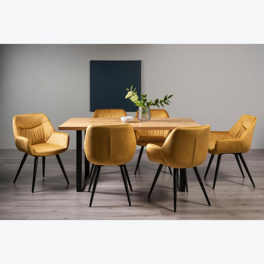 6 Seater 160cm Dining Table Featuring Rustic Oak Effect Top with U-Shaped Legs and 6 Mustard Lux Velvet Armchairs