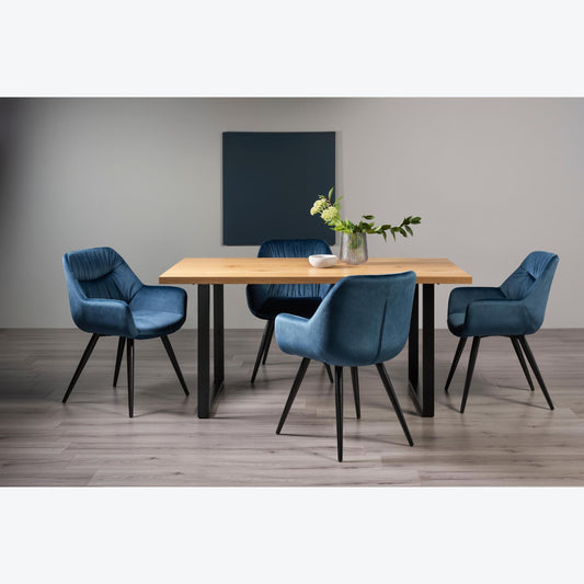 4 Seater 160cm Dining Table Featuring Rustic Oak Effect Top with U-Shaped Legs and 4 Blue Lux Velvet Armchairs