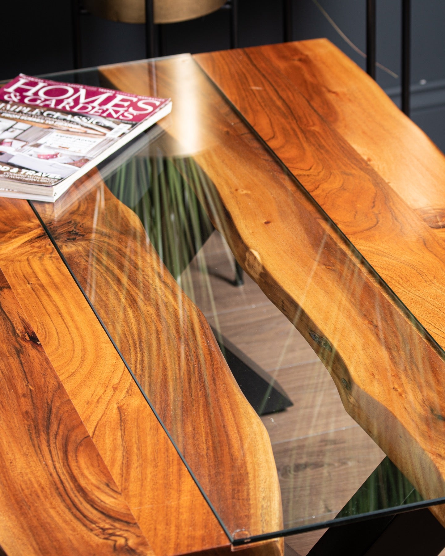 LIve Edge Rectangle Acacia Wood Coffee Table with River Feature