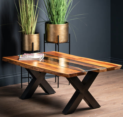 LIve Edge Rectangle Acacia Wood Coffee Table with River Feature