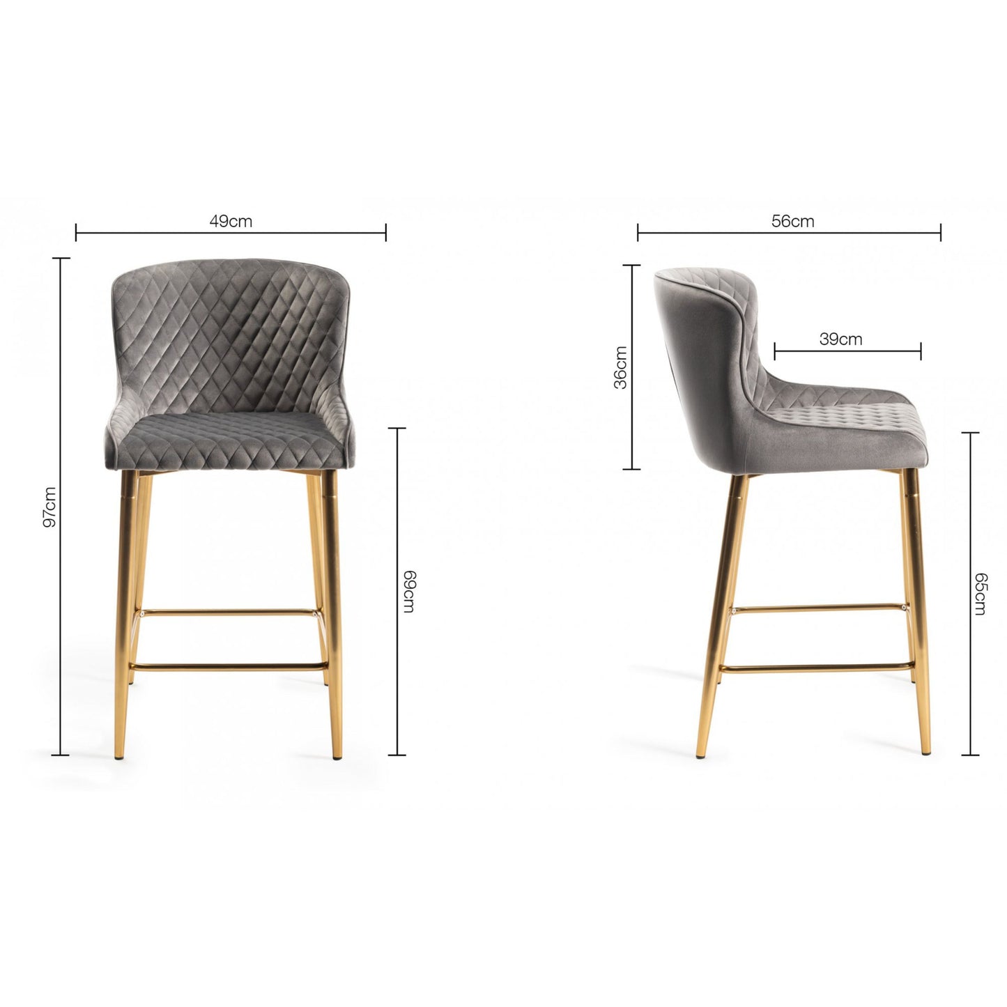 Pair of Velvet Stools with Diamond Stitched Upholstery and Sand Black Metal Legs in a Choice of Two Colours