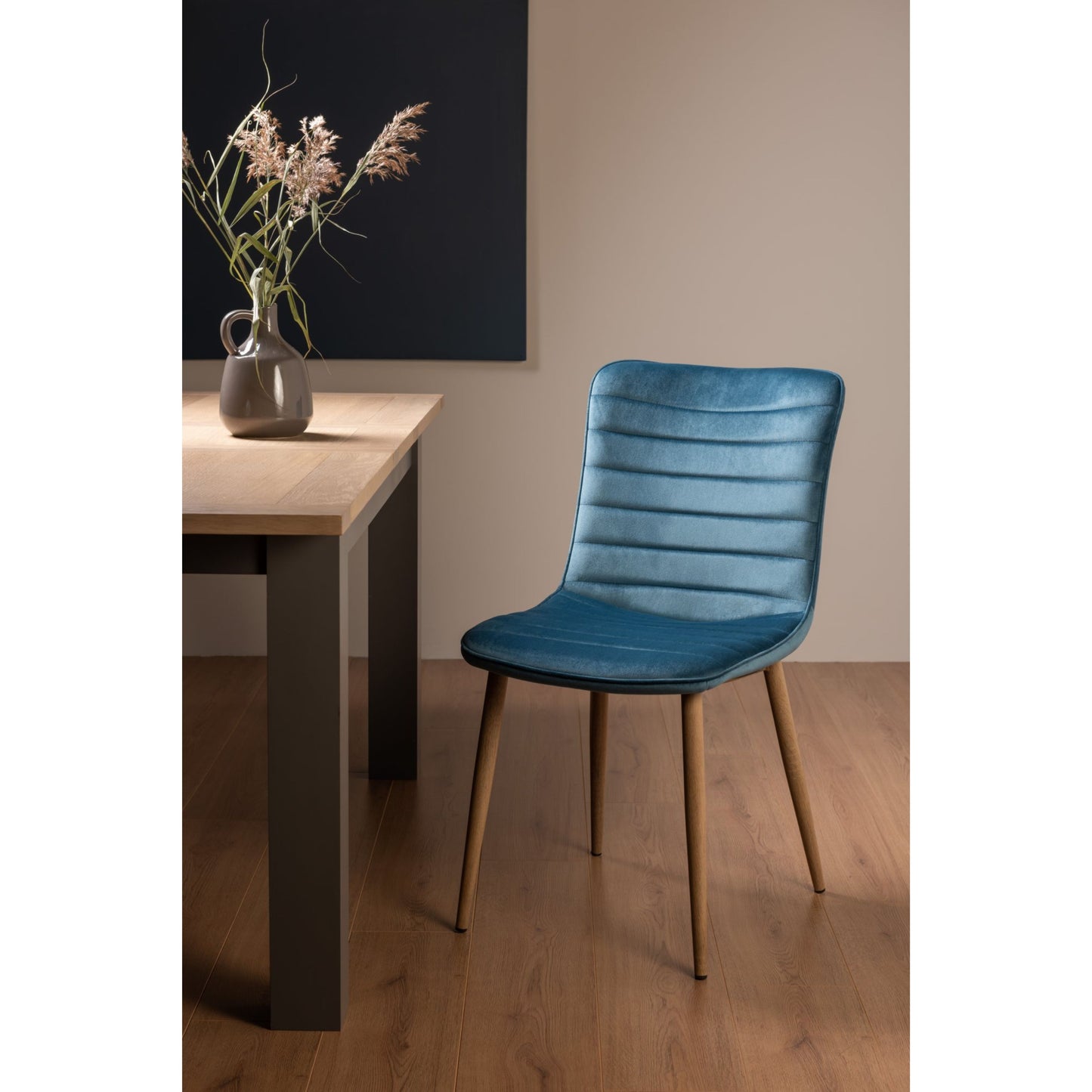 Pair of Velvet Dining Chairs with Horizontal Stitching and Oak Effect Wooden Legs in a Choice of Three Colours